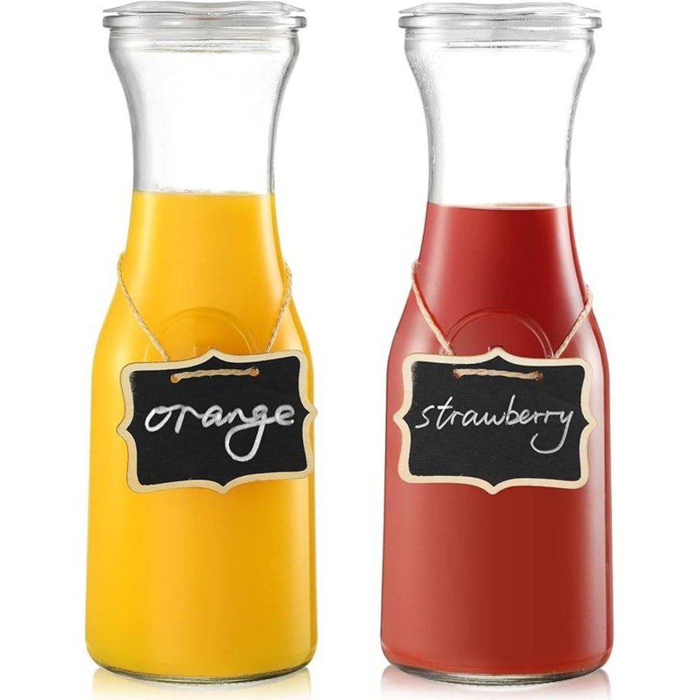 2 Pack 1 Liter Clear Glass Juice Carafe Water Decanter Set with Lids & Tags
